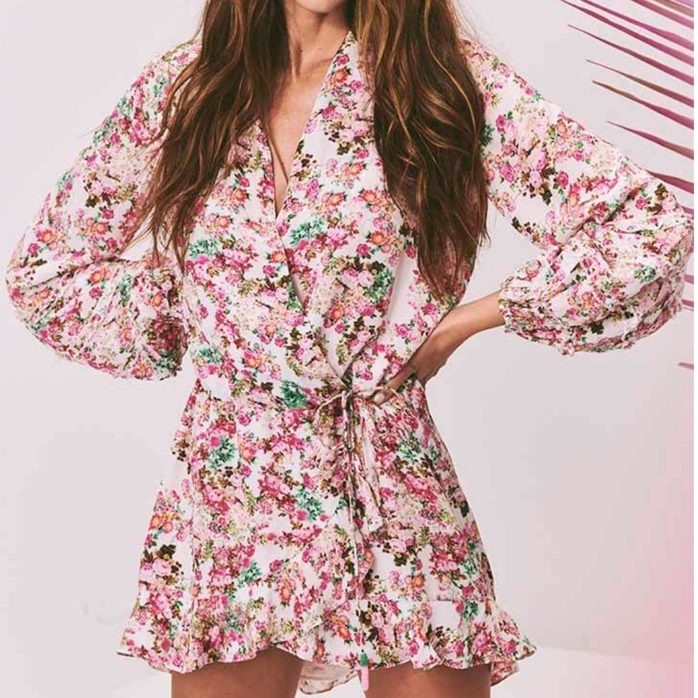 Rococo Sand White & Pink Floral Vie Short Wrap Dress SIZE MEDIUM